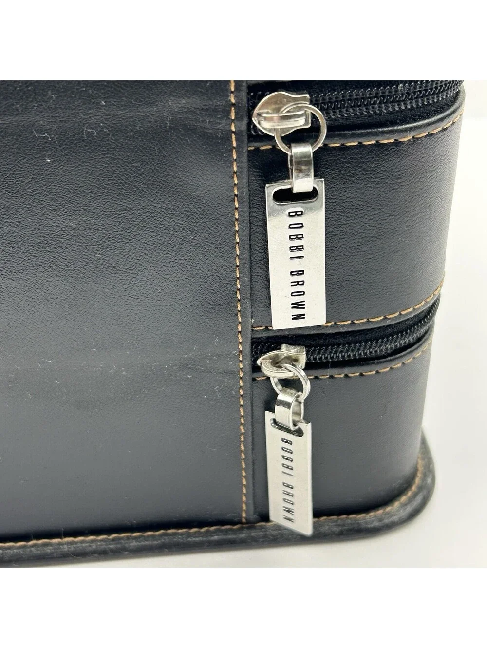 Bobbi Brown Black Leather Makeup Train Case Tan Tiered 2 Zip Cosmetic Bag  LS#12